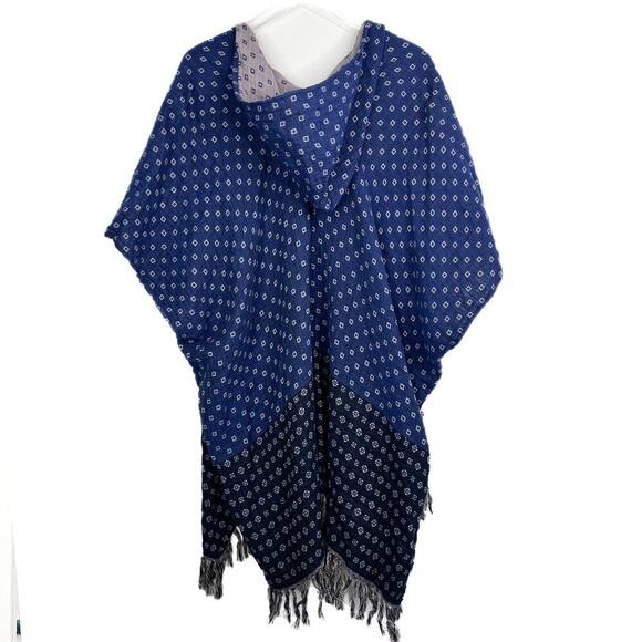 Free People Navy Blue Printed Poncho Hooded Fringe Shawl Kimono Boho One Size - Picture 2 of 4